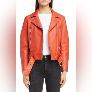 Iconic Acne Studios “Mock” orange leather moto jacket, size 36